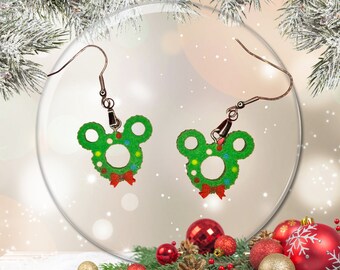 Christmas Wreath Hidden Mickey Winter Holiday Dangle Earring