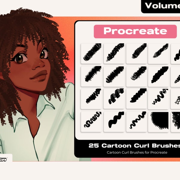 Vol 2 Procreate Curl and Loc Brushset Afro-Américain Cheveux Noirs Texture Cheveux Peinture Numérique Anime Dessin 4C 4B 3C