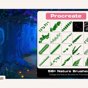 May include: A set of 50+ nature brushes for Procreate, featuring foliage and nature elements. The brushes are displayed in a grid on a white background with a pink header that says "Procreate".