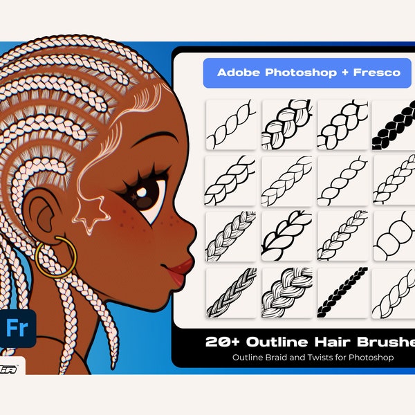 Photoshop Adobe Fresco Esquema Trenza Twist Loc y Paquete de cabello Textura de cabello negro africano Pintura digital de cabello Dibujo de anime por Vegalia