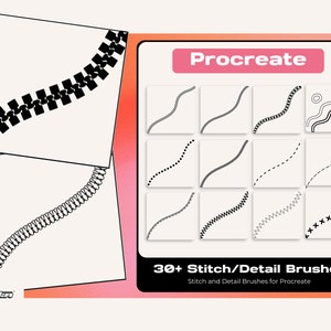 May include: A digital illustration showcasing over 30 stitch and detail brushes designed for Procreate, a popular iPad drawing app. The brushes are depicted as black lines on a white background, featuring a range of styles such as zigzags, dots, and dashes.