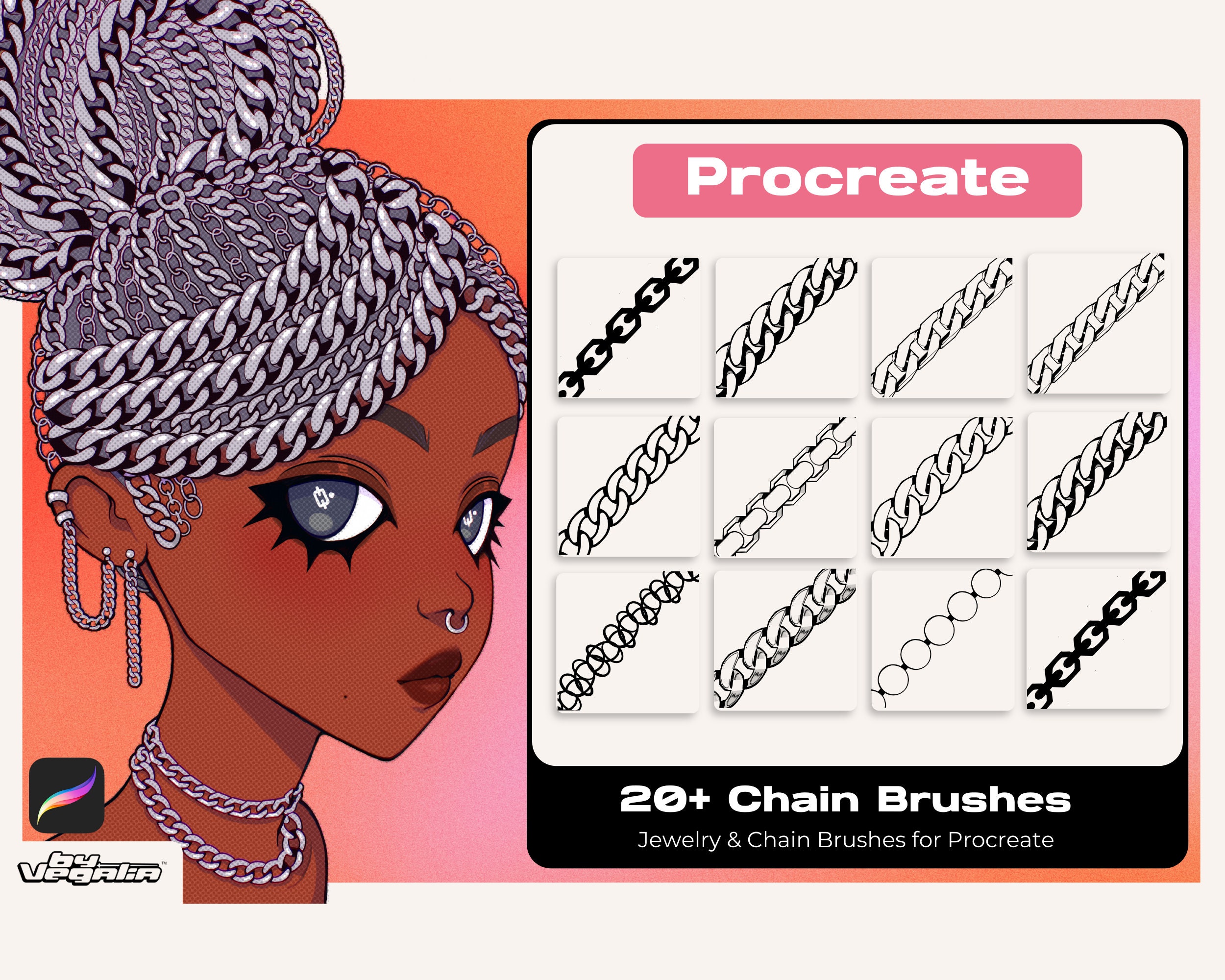 Procreate Chain & Jewelry Brush Set – Pearl Choker, Necklace, Accessory Brushes for Digital Art by Vegalia