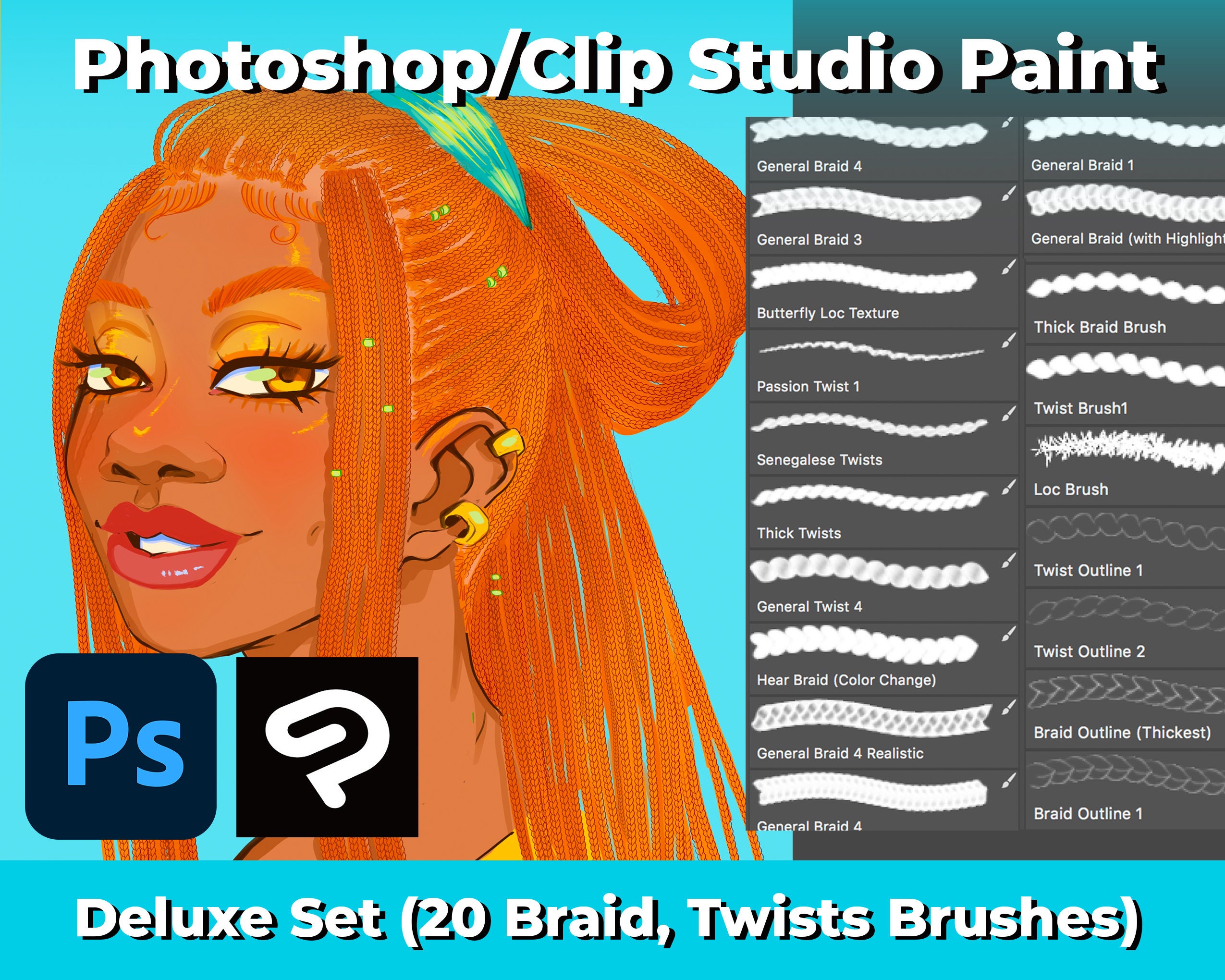 Deluxe Photoshop Clip Studio Paint Braids Twists Locs Brush Etsy