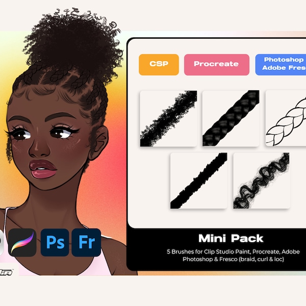 Mini Hair Pack for Clip Studio Paint, Procreate, Adobe Fresco and Adobe Photoshop Braid Curl Coil and Loc Digital Brush by Vegalia