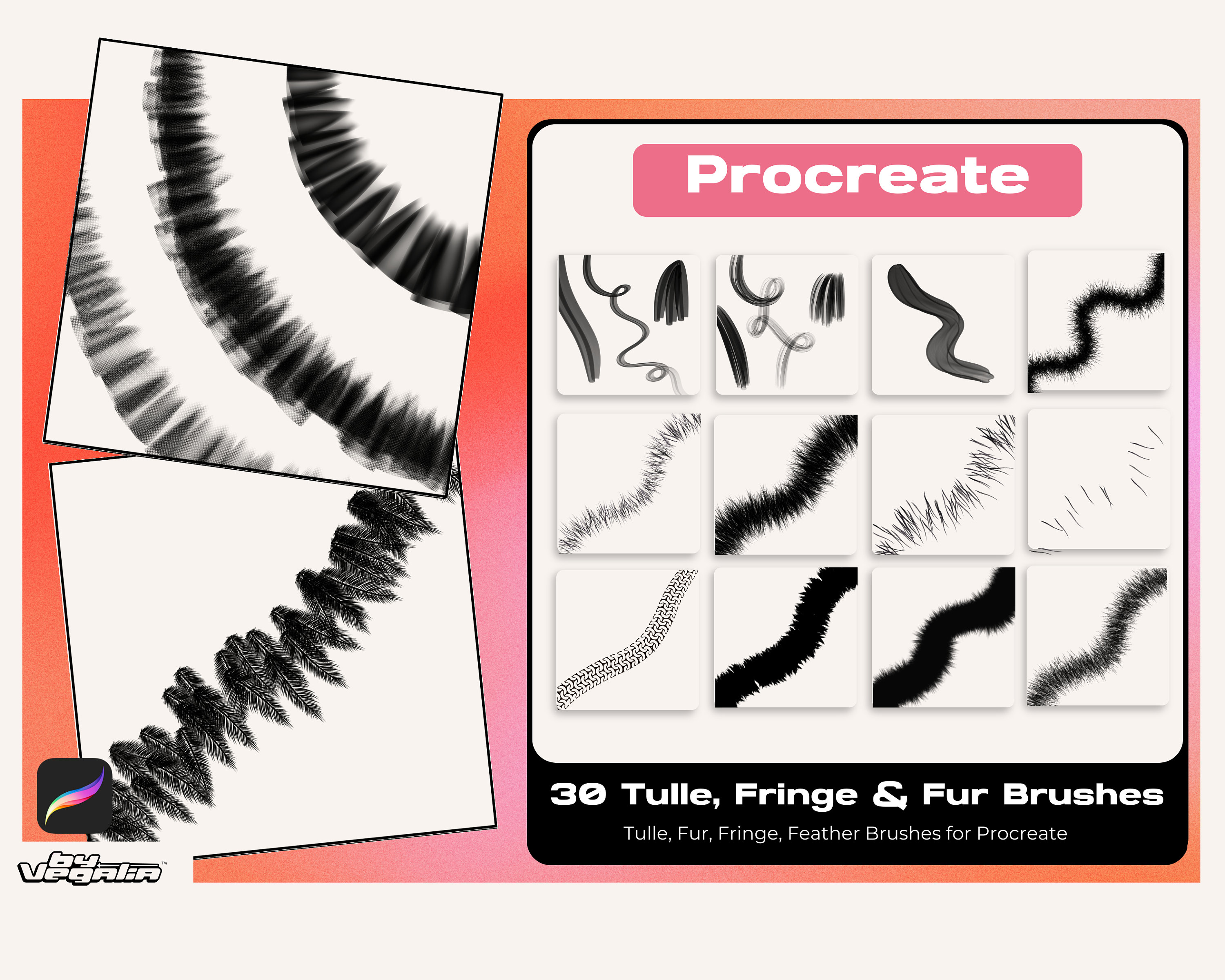 Fur, Fringe, Tulle & Feather Procreate Brush Set – 30 Fuzzy Texture Brushes for Anime, Comics & Fashion Illustration by Vegalia