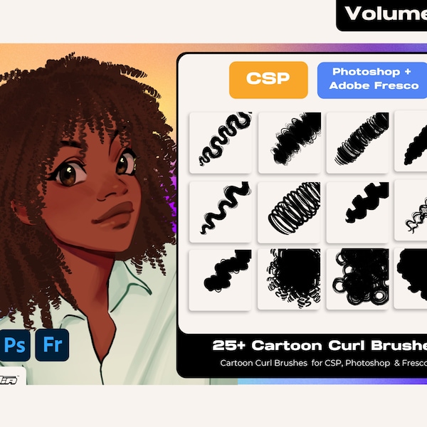 Vol 2 Clip Studio Paint Photoshop Adobe Fresco Curl, Coil, Loc African Black Hair Texture Hair Digital Painting Anime Drawing