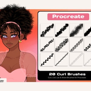 Puede incluir: Una ilustraci&oacute;n digital de una mujer con cabello negro rizado que lleva una blusa rosa. La imagen tambi&eacute;n muestra un conjunto de 20 pinceles Procreate para crear rizos, espirales, rastas y ondas. El texto "Procreate" y "20 Curl Brushes" se muestra en la imagen.