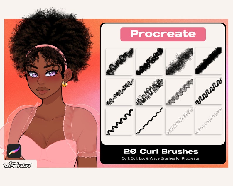 Puede incluir: Una ilustraci&oacute;n digital de una mujer con cabello negro rizado que lleva una blusa rosa. La imagen tambi&eacute;n muestra un conjunto de 20 pinceles Procreate para crear rizos, espirales, rastas y ondas. El texto "Procreate" y "20 Curl Brushes" se muestra en la imagen.