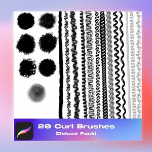 Puede incluir: Un conjunto de 20 pinceles digitales para rizos para usar en programas de arte digital. Los pinceles se muestran en blanco y negro sobre un fondo blanco. El texto "20 Curl Brushes (Deluxe Pack)" est&aacute; en la parte inferior de la imagen.