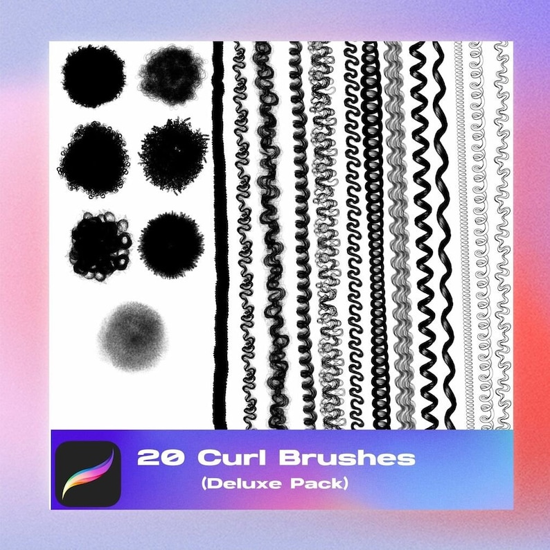 Puede incluir: Un conjunto de 20 pinceles digitales para rizos para usar en programas de arte digital. Los pinceles se muestran en blanco y negro sobre un fondo blanco. El texto "20 Curl Brushes (Deluxe Pack)" est&aacute; en la parte inferior de la imagen.