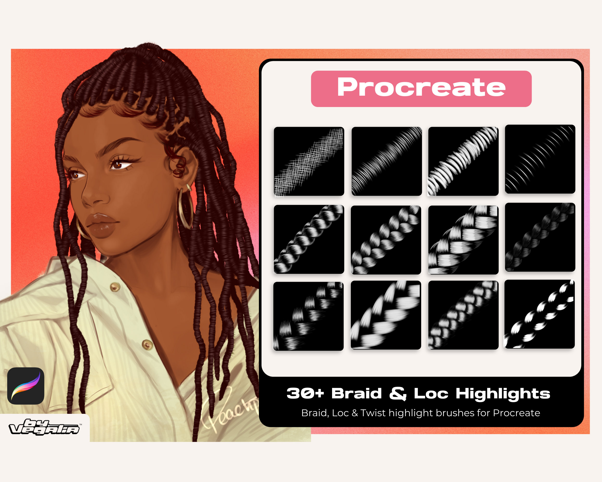 Vol 2 Procreate Curl and Loc Brushset African American Black 