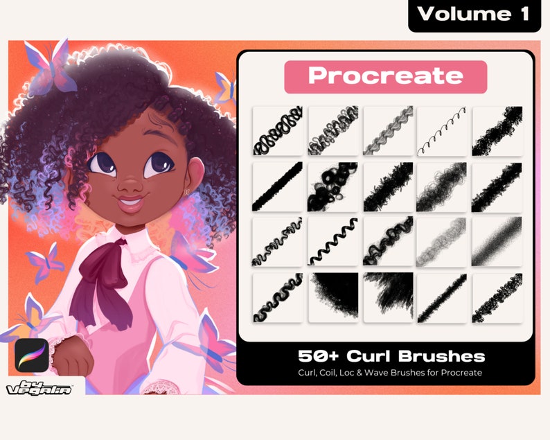 Vol 1 Premium Procreate Curl, Coil, Kinky, Wave and Loc Brushset African American Black Hair Texture Hair Digital Painting Anime Drawing 4C image 1