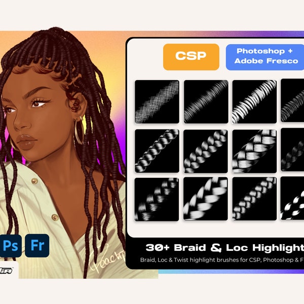 Pinceles para resaltar trenzas y rastas: Photoshop, Fresco, Clip Studio Paint (Descarga digital)