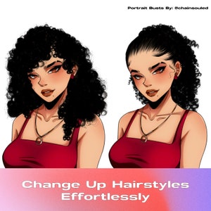 Puede incluir: Dos ilustraciones digitales de una mujer con cabello negro rizado. La mujer de la izquierda tiene el cabello suelto, mientras que la mujer de la derecha tiene el cabello recogido en una coleta. Ambas mujeres llevan un top rojo sin mangas y collares de oro. El texto "Change Up Hairstyles Effortlessly" est&aacute; en la parte inferior de la imagen.