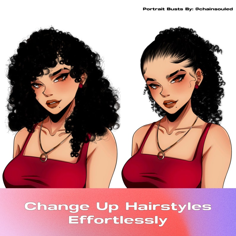Puede incluir: Dos ilustraciones digitales de una mujer con cabello negro rizado. La mujer de la izquierda tiene el cabello suelto, mientras que la mujer de la derecha tiene el cabello recogido en una coleta. Ambas mujeres llevan un top rojo sin mangas y collares de oro. El texto "Change Up Hairstyles Effortlessly" est&aacute; en la parte inferior de la imagen.