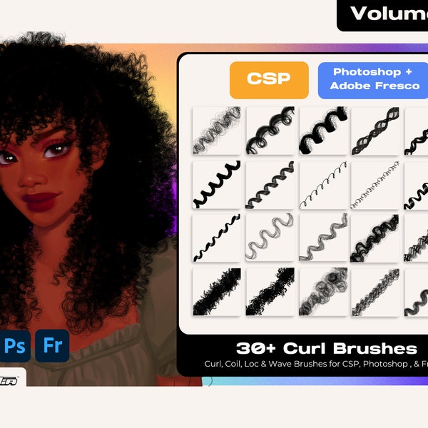 Pinceles para textura de cabello: Rizo, espiral y onda para CSP, Photoshop y Fresco (descarga digital)