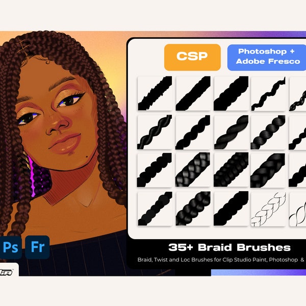 Set de pinceles para trenzas, giros y rastas: Photoshop, Fresco, Clip Studio (descarga digital)
