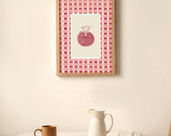 Pomegranate Line Art Print: Red Pink Check Kitchen Decor