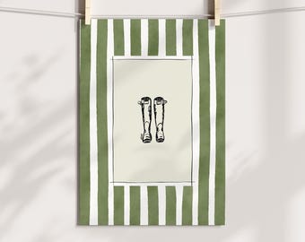 Wellies Art Print: Green Watercolor Stripe, Line Drawing