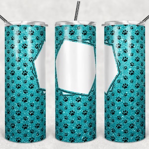 20 oz Skinny Tumbler Sublimation Teal Glitter Paw Dog Frame Photo Personalize Template Straight Warped Digital Download PNG