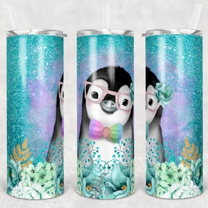 20 oz Skinny Tumbler Sublimation Design Template Cute Teal Glitter Penguin Straight and Warped Digital Download PNG tumblers Tamara