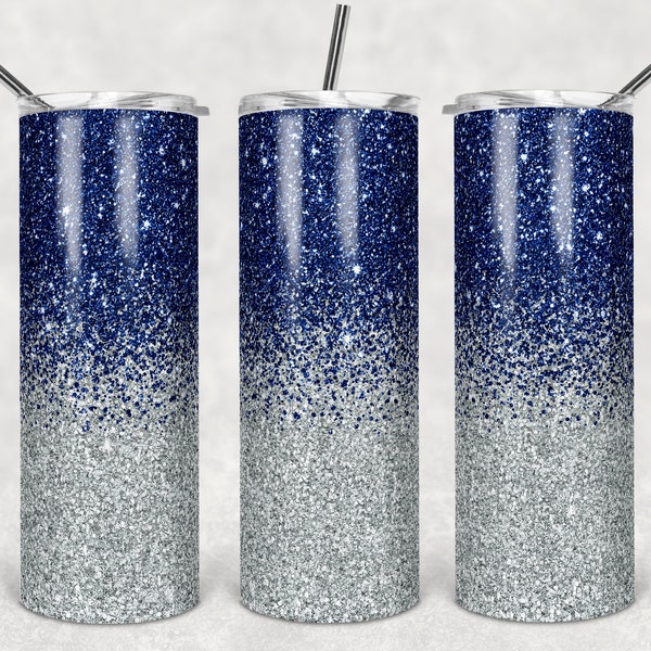 20 oz Skinny Tumbler Sublimation Design Template Glitter Ombre Navy Blue Silver color Straight Design Digital Download PNG