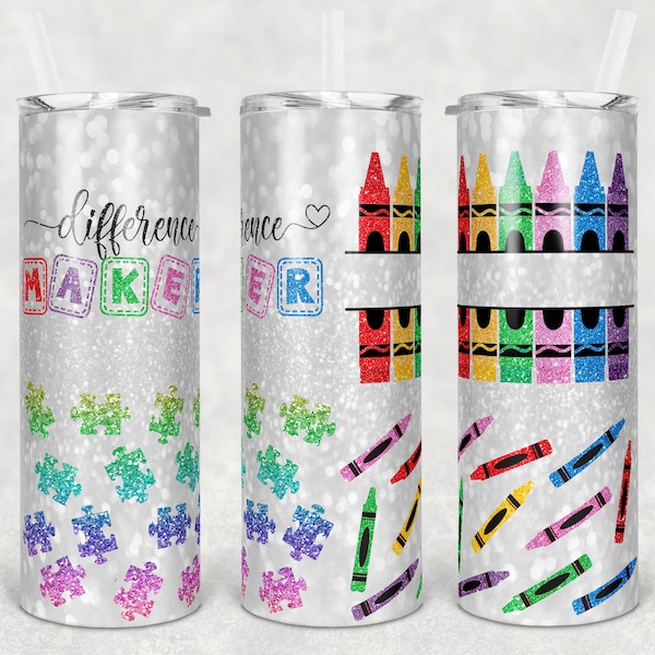 20 oz Skinny Tumbler Rainbow Glitter Teacher Tumbler Difference Maker Special Education Sublimation Design PNG Instant DIGITAL ONLY crayon