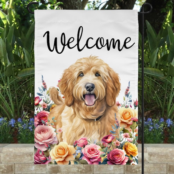 Floral Labradoodle Dog Welcome Garden Flag PNG 12 x 18 Sublimation Flags Design Download Instant DIGITAL ONLY Golden Doodle Goldendoodle