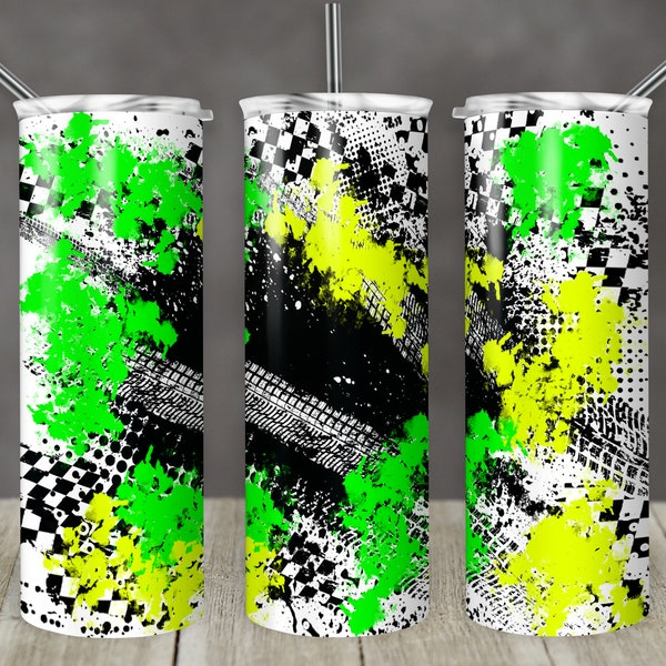 20 oz Skinny Tumbler Sublimation Design Racing Checkered Flag Grunge Splatter Green Yellow Tumbler Digital Download PNG Instant DIGITAL ONLY