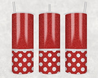 May include: Red glitter tumbler with a white polka dot pattern on the bottom half. The tumbler has a silver straw and a lid. The design is repeated on three tumblers, showcasing the product's design.