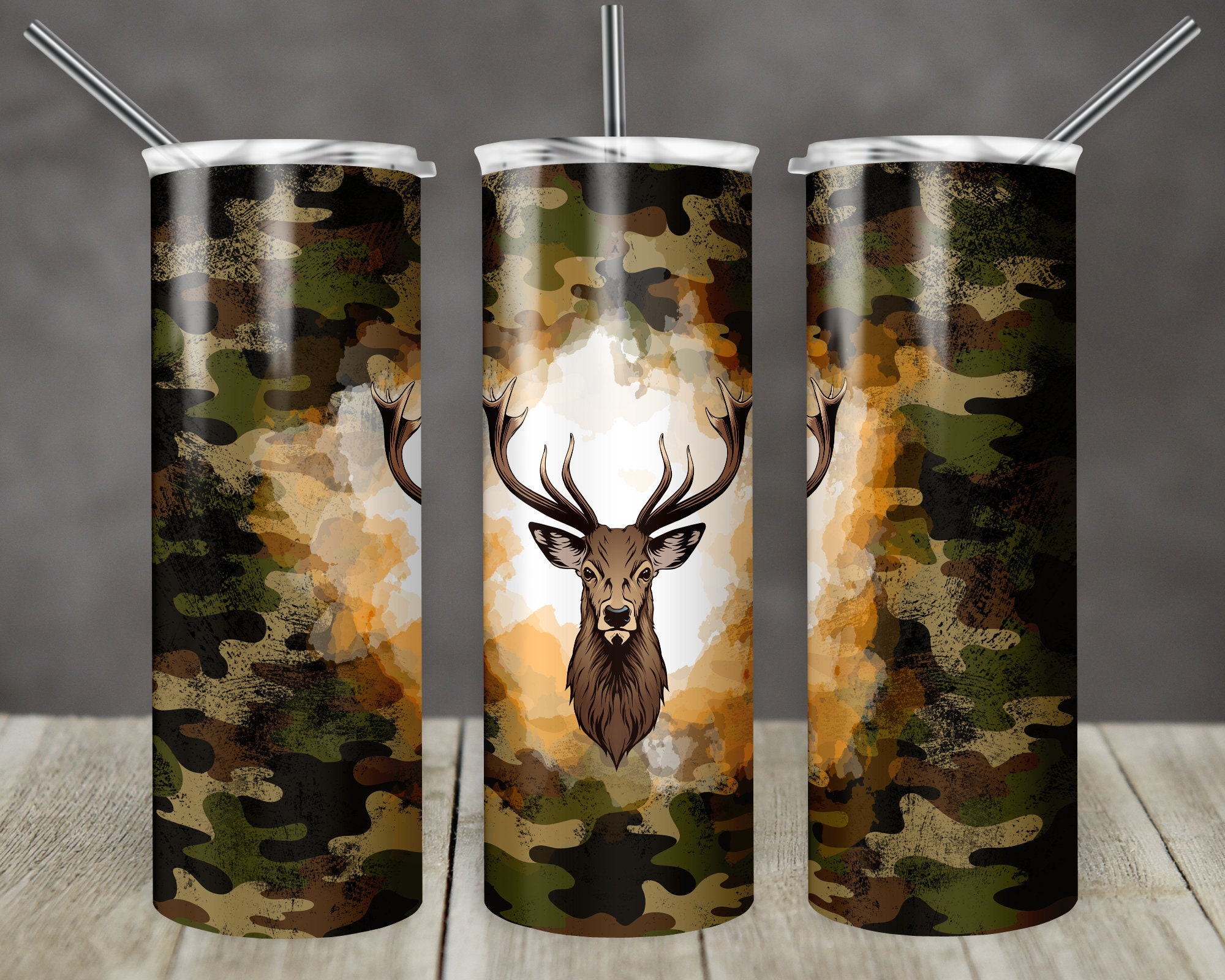 20 Oz Skinny Tumbler Camp Deer Distressed Camo Camouflage Sublimation ...