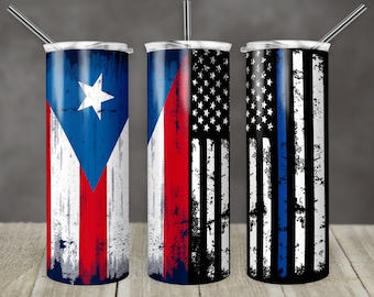 20 oz Skinny Tumbler Sublimation Design Bandera puertorriqueña y bandera policial Descarga digital PNG Inst DIGITAL Solo rts tumblers Tamara