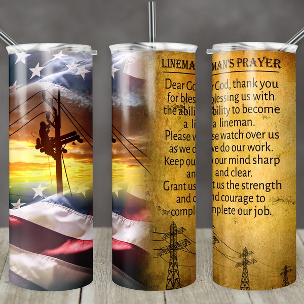 20 oz Skinny Tumbler Sublimation Design Template Lineman's Prayer American Flag Design Digital Download PNG Instant DIGITAL Only