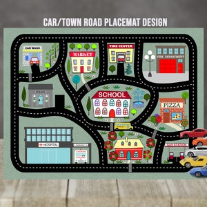 Puede incluir: Un mantel individual verde con un diseño de carretera urbana, que presenta un lavado de autos, mercado, centro de llantas, departamento de bomberos, estación de policía, escuela, pizzería, hospital y gasolinera. Incluye coches de juguete rojos, naranjas, blancos, amarillos y azules.