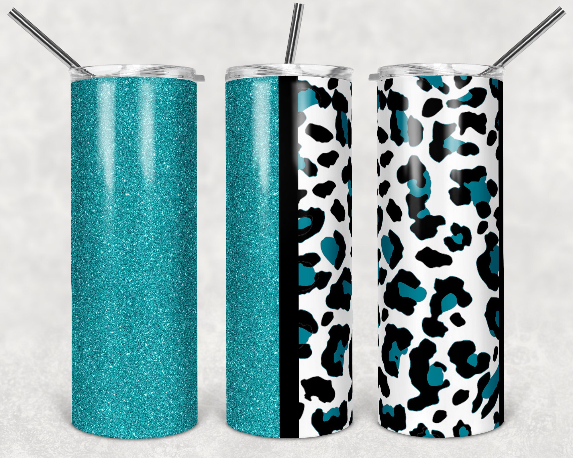 20 Oz Skinny Tumbler Sublimation Design Template Teal Glitter Leopard ...
