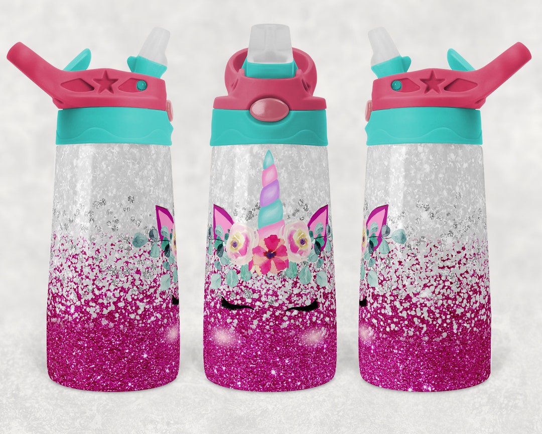 Kids Flip Top Water Bottles Sublimation Design Template Glitter Unicorn