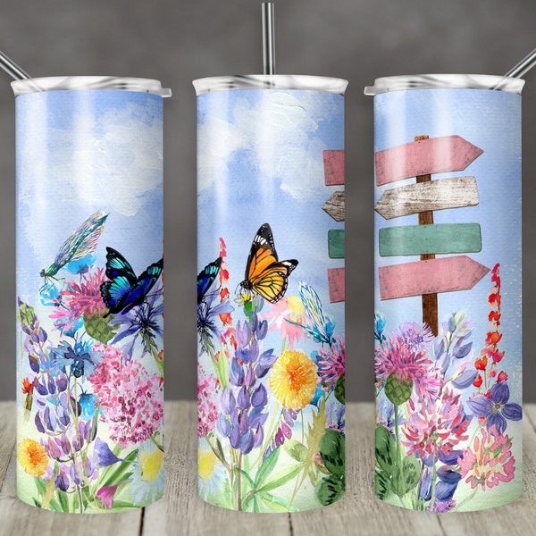 20 oz Skinny Tumbler Personalize Wildflower Garden with 4 Signs Sublimation Design Digital Download PNG Instant DIGITAL ONLY