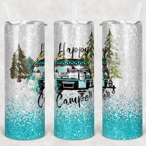 20 oz Skinny Tumbler Happy Camper teal Glitter Trailer Sublimation Design  Digital Download PNG Instant DIGITAL ONLY rts tumblers Tamara