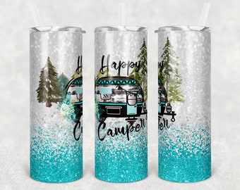 20 oz Skinny Tumbler Happy Camper teal Glitter Trailer Sublimation Design  Digital Download PNG Instant DIGITAL ONLY rts tumblers Tamara