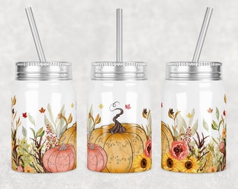 Peut inclure: Trois gobelets en acier inoxydable avec couvercles et pailles. Chaque gobelet présente un motif sur le thème de l'automne avec des citrouilles, des tournesols et des feuilles dans des tons d'orange, de jaune et de brun.