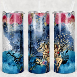 20 oz Skinny Tumbler Sublimation Design Template Ink Glitter Pirate Ship Ocean Pin Up Girl Digital Download PNG Instant DIGITAL ONLY
