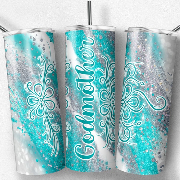 20 oz Skinny Tumbler Sublimation Godmother Teal Silver milky way Tumbler Design Digital Download PNG Instant DIGITAL Only