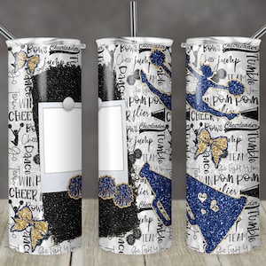20 oz Skinny Tumbler Cheer Coach Blue Gold Photo Glitter Leopard and Black Sublimation Design  Digital Download PNG Instant DIGITAL ONLY