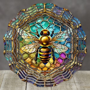 May include: A colorful stained glass design of a bee in a honeycomb pattern. The bee is gold and black with blue and green wings. The honeycomb is surrounded by a gold and blue frame.