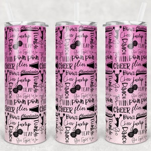 20 oz Skinny Tumbler Cheer Ombre Pink Glitter Cheer Words Cheerleading Sublimation Design Digital Download PNG Instant DIGITAL ONLY