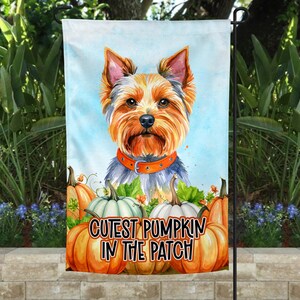 Op de afbeelding: Een tuinvaandel met een aquarel illustratie van een Yorkshire Terrier hond met een oranje halsband. De vlag heeft de tekst "Cutest Pumpkin in the Patch" en toont pompoenen in oranje en witte tinten.