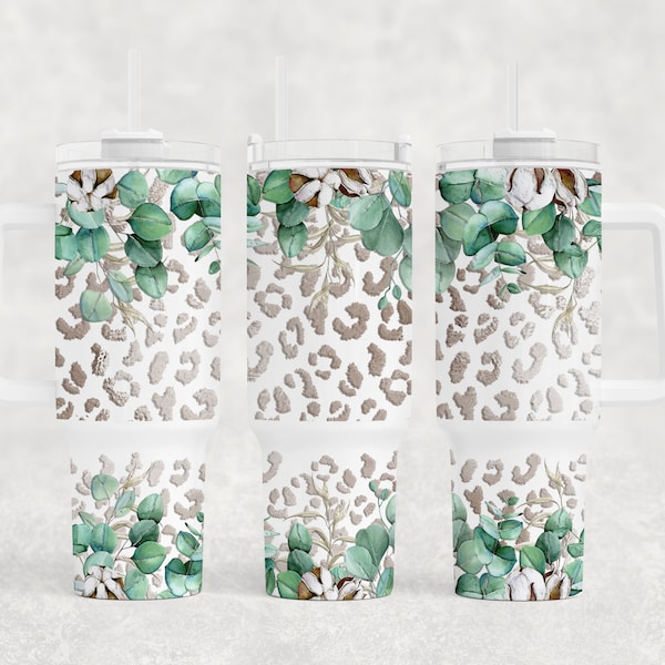 Pretty Cotton and Pearl Floral and Leopard spots design 40 oz 2 piece Tumbler Sublimation Template Digital Download PNG leopard