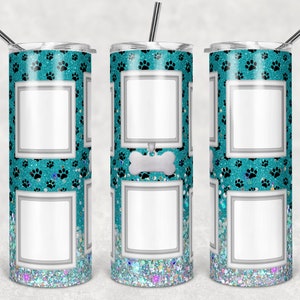 20 oz Skinny Tumbler Dog Picture Frame Teal Blue Holographic Faux Glitter Tumbler 6 photos Sublimation Design PNG Instant DIGITAL ONLY