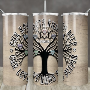 Vaso flaco de 20 oz Árbol genealógico Agregue corazones para personalizar Familia de madera Diseño de sublimación PNG Instantáneo DIGITAL SOLO 8 corazones incluidos