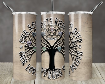 Vaso flaco de 20 oz Árbol genealógico Agregue corazones para personalizar Familia de madera Diseño de sublimación PNG Instantáneo DIGITAL SOLO 8 corazones incluidos